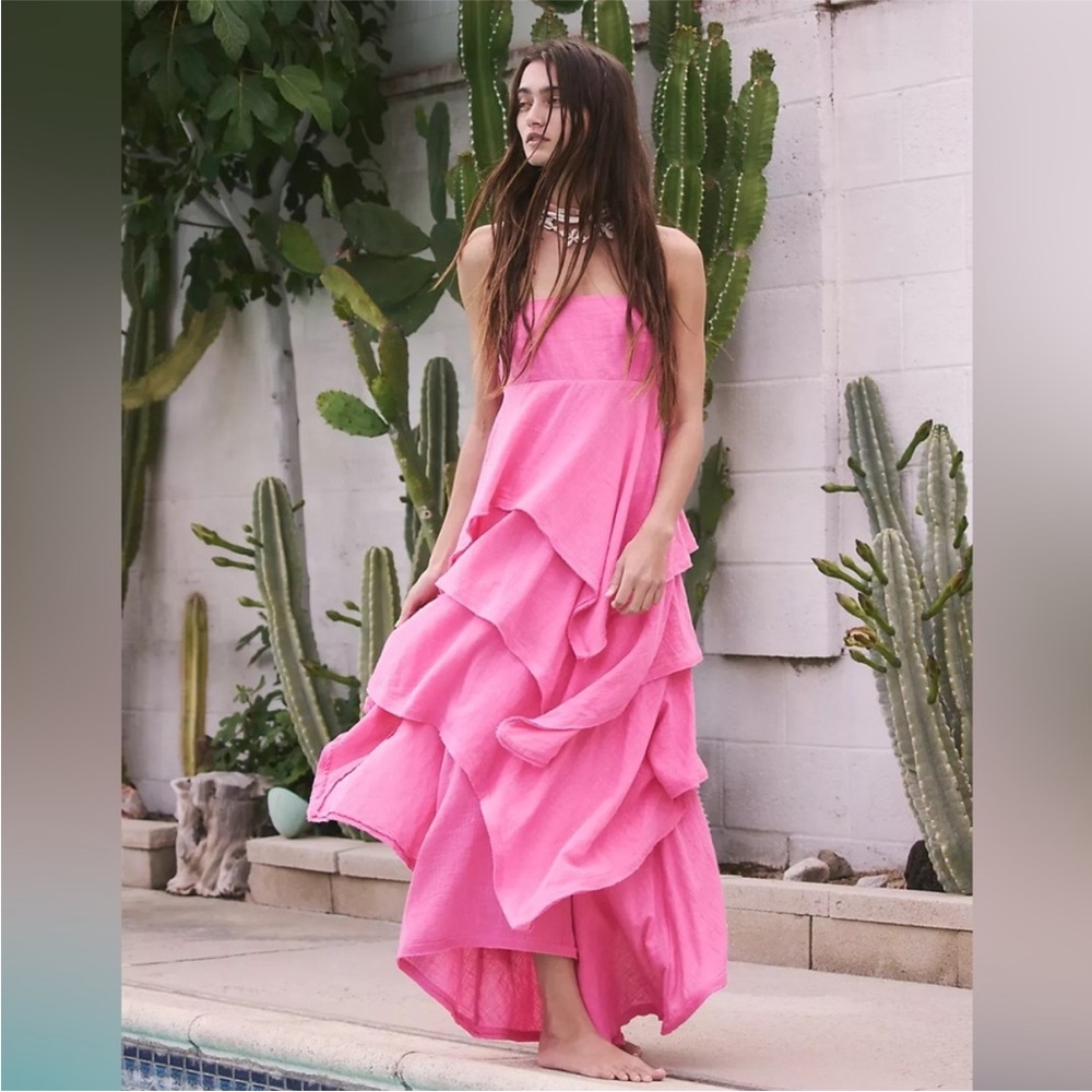 Free People Seraina Maxi Dress Womens Size Medium Pink Tiered Strapless Flowy